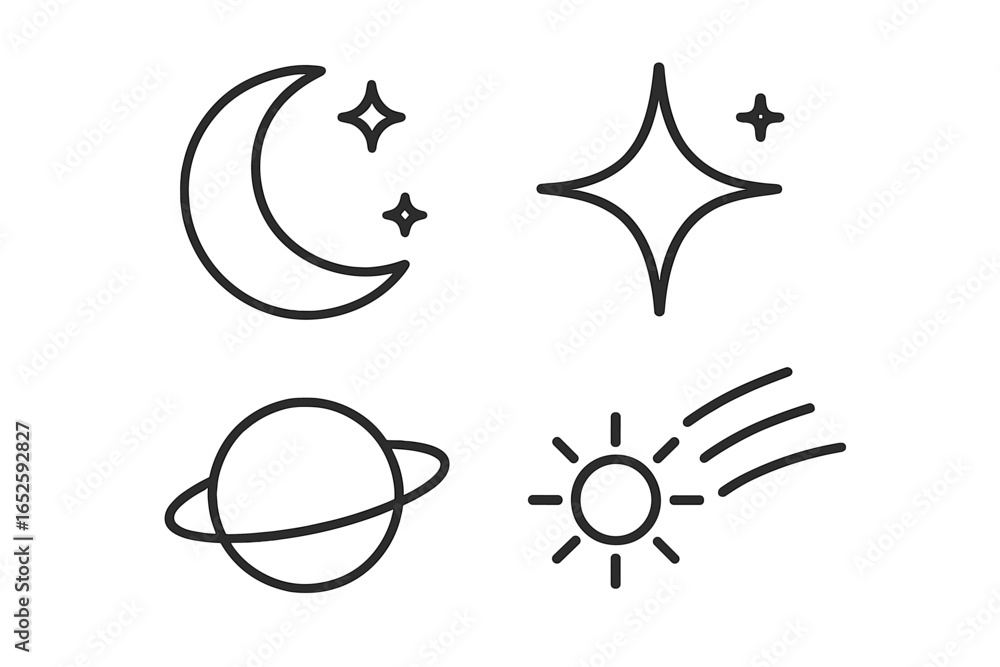 Poster celestial line icon set for space and astronomy. minimalist vector collection with crescent moon, st