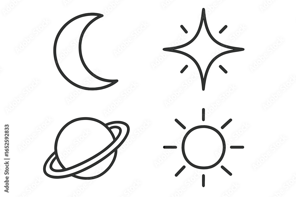Poster celestial icon set. line art collection of space objects. simple outline symbols of crescent moon, s