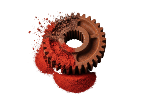 Solitary, heavily rusted industrial iron gear actively disintegrating into bright red oxide dust on a transparent seamless studio background, visual study of decay and material transformation