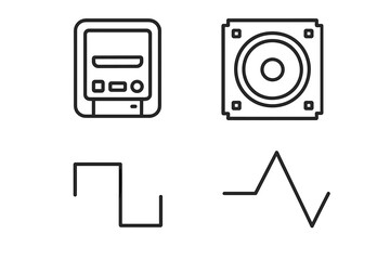 Chiptune music elements icon set. 8-bit console and retro game sound. Audio speaker symbol. Synthesizer square wave and triangle wave forms. Vector outline illustration.