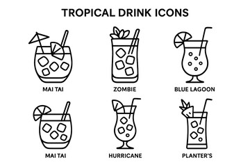 Tropical Drink Icons, Outline Set of Tiki Cocktails and Refreshing Summer Beverages Including Mai Tai, Zombie, Blue Lagoon, Hurricane, Planter&rsquo;s, Vector Illustration on Transparent Background
