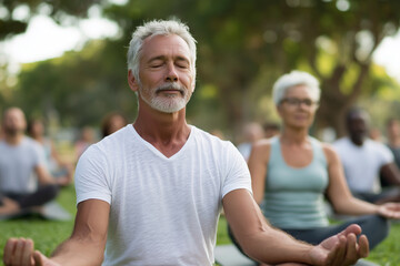 A man and woman are sitting in a park, meditating