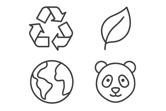 Ecology outline icon set. Environmental symbols for sustainability. Recycling logo, green leaf, planet earth globe, endangered panda animal. Conservation vector illustration.