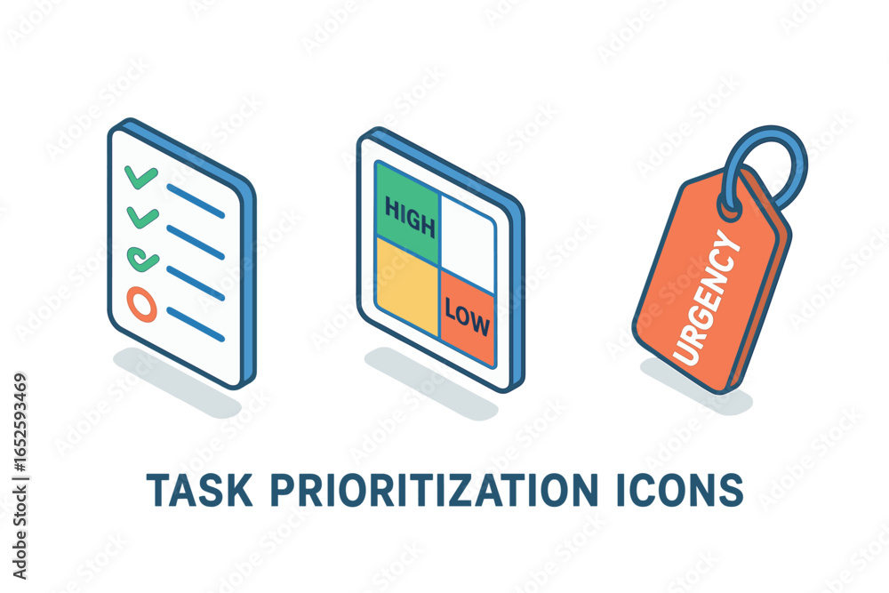 Poster task prioritization icons isometric flat icon set. to-do list, priority matrix, urgency label. proje