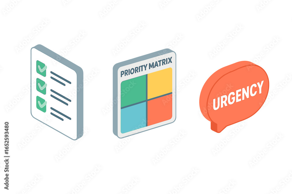 Poster task prioritization methods icon set. isometric vector graphics of a to-do list, priority matrix, an