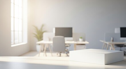 Bright, minimalist office blur with soft natural light. Clean backdrop for product mockups & digital overlays.
