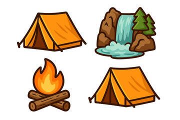 Vector cartoon camping icon set. Tent, campfire, waterfall, forest symbols for outdoor adventure and travel. Playful nature hike illustration elements isolated background.