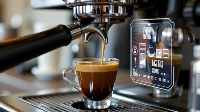 Espresso Perfection: Close-up shot of an espresso machine dispensing rich, aromatic coffee into a clear glass cup, showcasing the art of a perfect brew in stunning detail.
