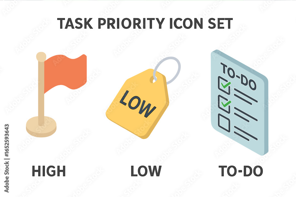 Poster task priority icon set. isometric vector illustration of high-priority flag, low-priority tag, to-do
