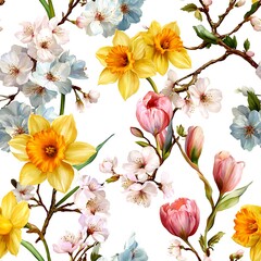 Vibrant spring floral pattern with daffodils tulips cherry blossoms image photo