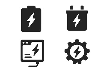 Fototapeta premium Energy management solid glyph icon set. Vector symbols of power, battery, accumulator, and electricity settings. Energy storage, charging, and electric power concepts.