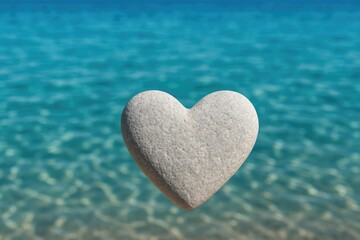 Symbol of a stone heart set against a tranquil blue sea backdrop