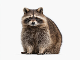 Adorable raccoon with fluffy fur and striking facial markings, sitting upright against a clean white background, showcasing its curious expression and playful demeanor