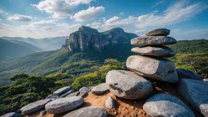 Scenic mountain scene with stone formations and expansive sky
