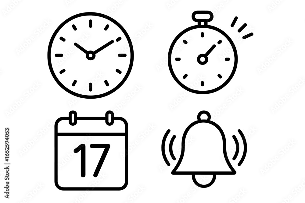 Poster time management vector icon set. outline symbols for punctuality and business productivity. line art