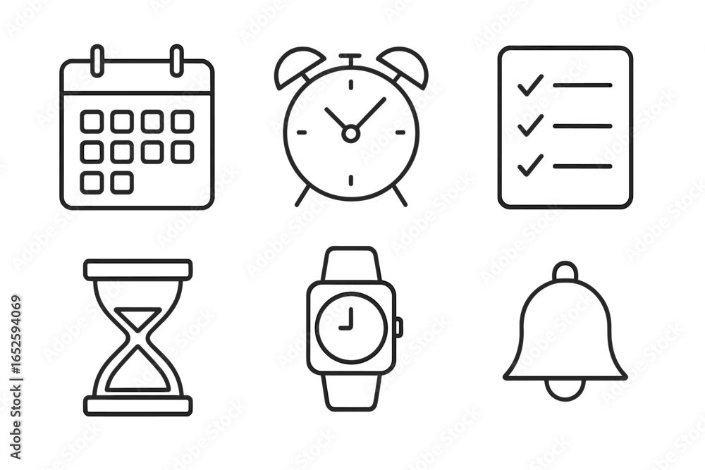 Poster time management outline icon set. vector collection of simple line art symbols for productivity, pla