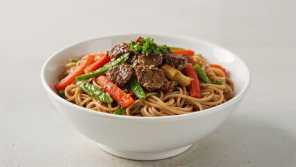 Asian-inspired stir-fried noodles with beef and veggies in a white bowl