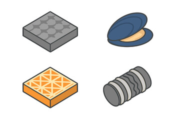 Bioinspired materials icon set. Isometric deep-sea biomimicry concepts. Sharkskin texture, mussel shell icons. Advanced material science vector illustration isolated.
