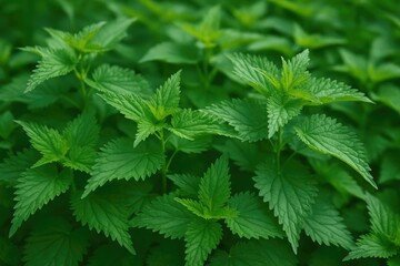 Detailed view of lush green nettle plants showing their stinging leaves