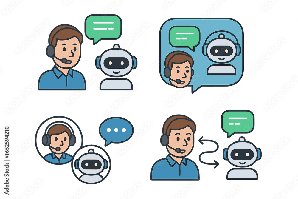 Poster vector icon set of customer service agent and ai chatbot interaction. online support, communication,
