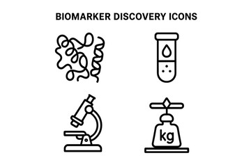 Biomarker discovery icons. Set of linear symbols for medical research and laboratory analysis. Protein structure, blood test tube, microscope, mass spectrometry concepts.