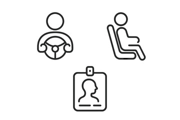Driver and passenger transport roles icon set. Outline symbols for person driving, seated passenger, and driver ID badge. Vector for car sharing app UI, website, license.