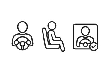 Driver and passenger line icon set for transport app. Car sharing & ride hailing UI elements. Man behind steering wheel, seated person, driver profile badge with check mark.