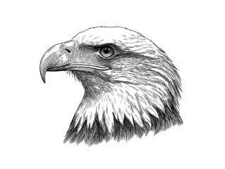 Detailed black and white illustration of a majestic eagle's head, showcasing intricate feather textures and sharp features, symbolizing strength and freedom in nature
