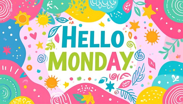 Vibrant Hello Monday Greeting with Colorful Abstract Shapes and Doodles - Powered by Adobe