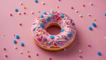 Pink background featuring a lone round donut