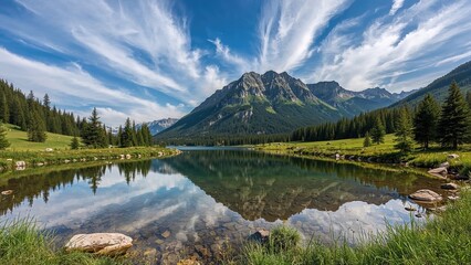 Serene mountain lake encircled by verdant foliage under a clear sky with clouds - great for desktop wallpapers