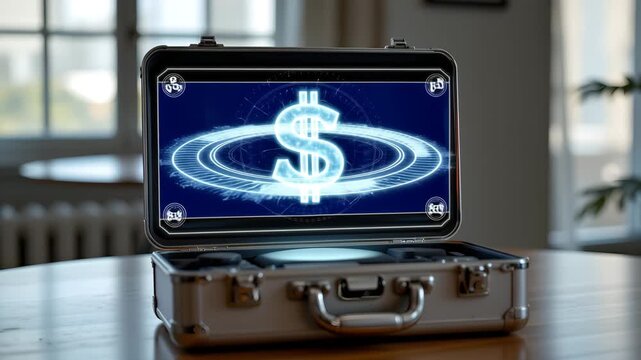 The Illuminated Briefcase: An open briefcase casts a radiant glow upon a tabletop, unveiling a digital display of a dollar symbol.