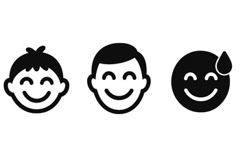 Expressive smile icon set with happy child, proud adult man, and relieved emoji with sweat drop. Solid filled glyph character faces for web and print. Vector icons.