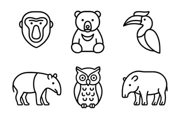 Tropical animals line icon set. Jungle wildlife collection. Outline vector symbols of rainforest fauna. Proboscis monkey, sun bear, hornbill, Malayan tapir, owl icons.