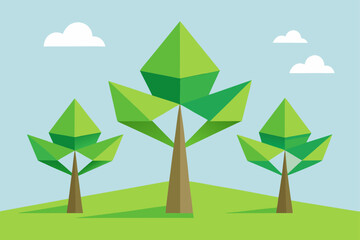 giant origami trees on white meadow 