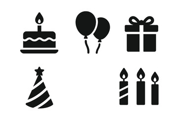 Birthday party celebration solid glyph icon set. Vector graphics collection with cake, candle, gift box, present, balloons, and party hat for festive design.