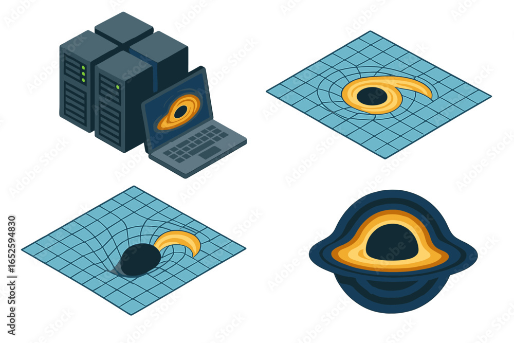 Fototapete isometric black hole simulation icon set. vector graphics of spacetime grid, gravitational singulari