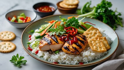 A plate featuring flavorful grilled chicken alongside rice, chili sauce, assorted vegetables, and crispy crackers