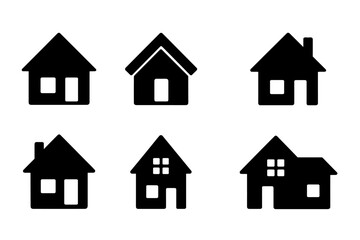 Fototapeta premium Black House Icons Set, Vector Illustration of Various Home Silhouettes on Transparent Background, Real Estate Symbols, Residential Buildings Collection for Design and Web Use