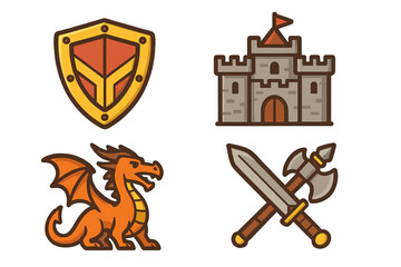 Fantasy icon set for RPG games. Medieval assets with castle, dragon, shield, and crossed weapons. Vector cartoon illustration of sword and axe for knights and warriors.