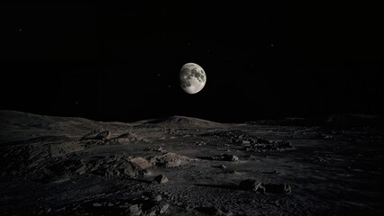 Astronomical scene displaying rocky craters, sandy plains, and a pitch-black celestial backdrop.