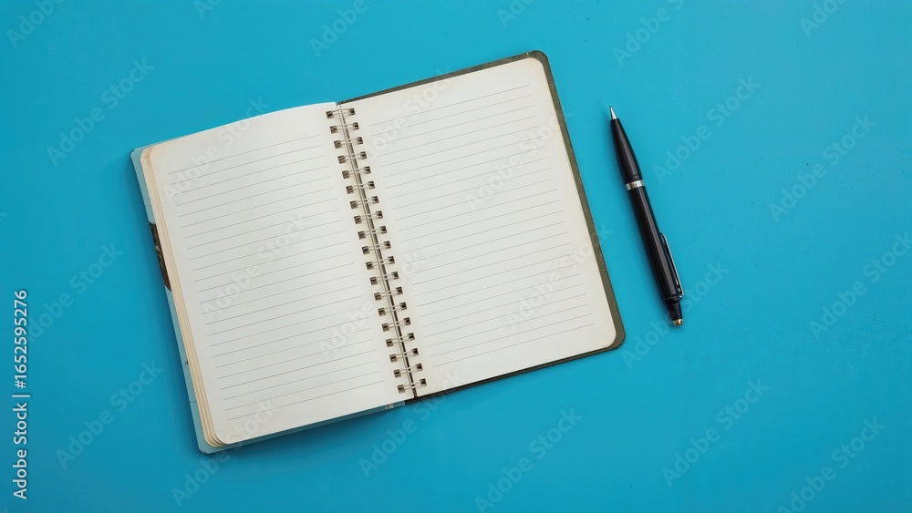 Poster notebook for sketches with a pen set on a blue canvas