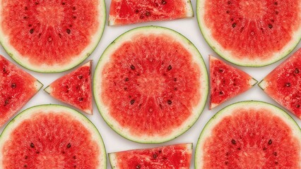 White background featuring freshly sliced watermelon segments