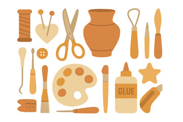 Crafting hobbies tool set. Sewing, pottery, painting equipment collection. Vector illustration in flat design. Minimalist icons for DIY projects. Art supplies, thread, clay.