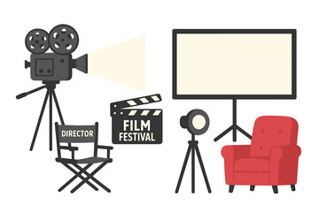 Obraz premium Film festival movie production equipment set. Vector cartoon illustration with vintage camera, director chair, clapperboard, screen for a cinematic entertainment experience.