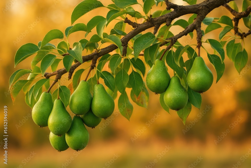 Aufkleber small pears dangling from a tree branch during fall against a blurred background