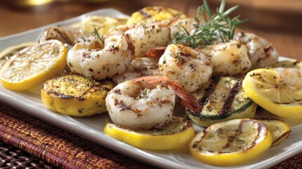 Grilled seafood with lemon slices (yellow accents)