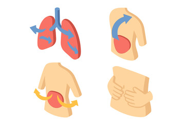 Breathing techniques isometric icon set. Breath control, pranayama for yoga and meditation. Lungs, diaphragm anatomy. Inhale, exhale airflow. Wellness, health vector.