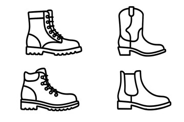 Set of boot icons. Collection includes combat, cowboy, hiking, and Chelsea boots. Outline graphic footwear symbol for design. Linear vector illustration on white background.