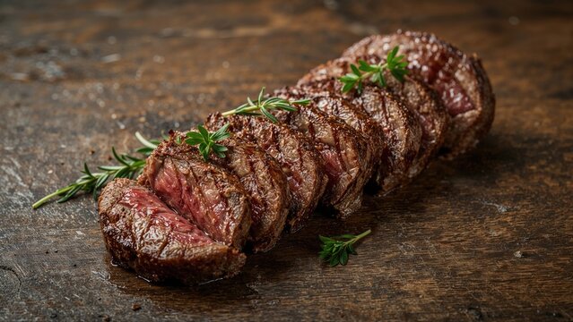 Succulent slices of prime Angus chuck roll steak grilled and laid out on wood.
